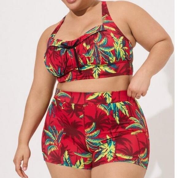 Torrid Red Palm Tropical Print Retro Wireless Ruched Bikini Top & Bottom Set 5X - Picture 1 of 13